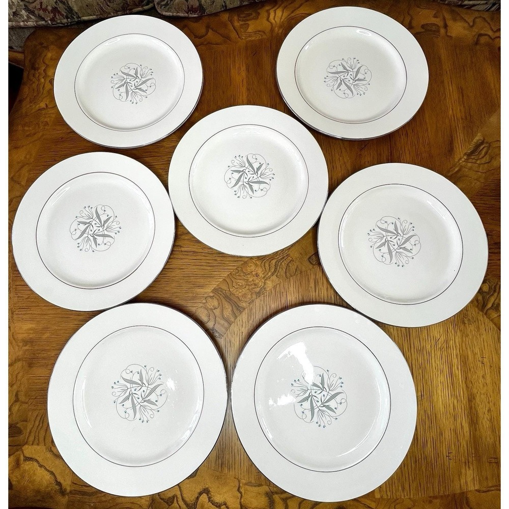 7 Homer Laughlin Mid Century Grey Blue Platinum White CELESTE Dinner Plates EUC